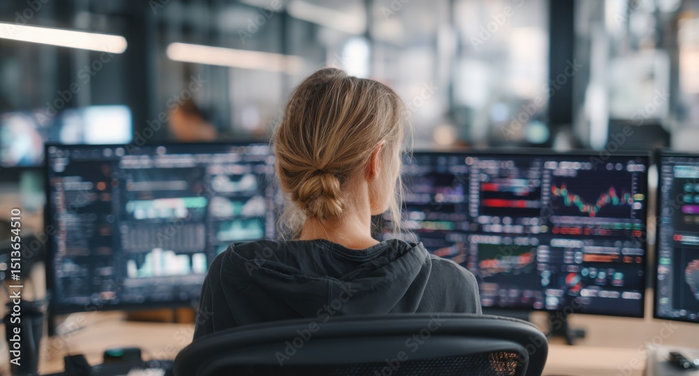 Aufkleber Woman Analyzing Financial Data on Multiple Computer Screens, Representing Investment Strategy and Market Research for Business Growth : Generative AI