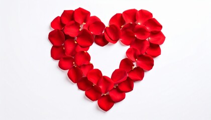 Heart shaped design made of rose petals isolated on white background