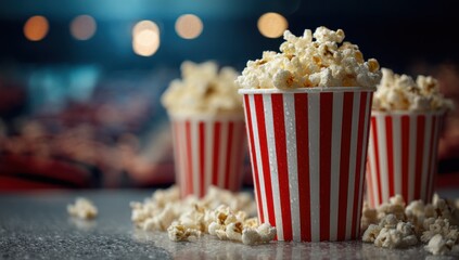 Three Buckets Of Popcorn at the Movie Theater, Representing Entertainment and Leisure Time : Generative AI