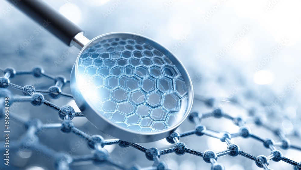 Poster magnifying glass over graphene structure, emphasizing scientific research and technological innovati