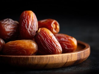 Close-Up of Dates in Wooden Bowl Against Dark Background, Representing Healthy Eating and Ramadan Celebration : Generative AI