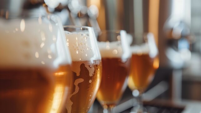Rows of stylish glasses filled with golden craft beers, showcasing the rich textures and bubbles, representing the joy of social drinking and craft brewing culture.