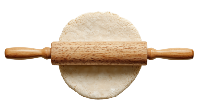 Rolling Out Culinary Art: A top-down perspective showcases a wooden rolling pin expertly shaping a circle of dough, the scene emanating a sense of home-baked artistry.
