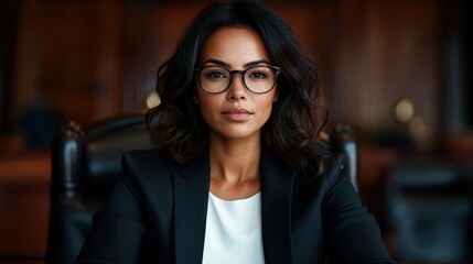 A confident and professional businesswoman sits at a desk in an elegantly designed office, exuding authority and determination in her posture and gaze.