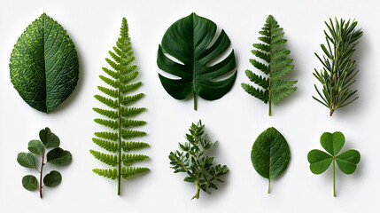 Collection of various green leaves isolated on white background, including monstera, fern, rosemary and clover