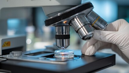 Close-Up of Microscope Examining Petri Dish Sample, Representing Scientific Research and Medical Breakthroughs in Healthcare and Biotechnology Industry : Generative AI