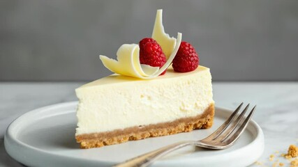 Creamy cheesecake slice with raspberries and white chocolate curls on plate fork - Powered by Adobe