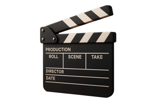 Filmmaking Clapperboard: A 3D Render of a Classic Movie Slate Against a Transparent Background