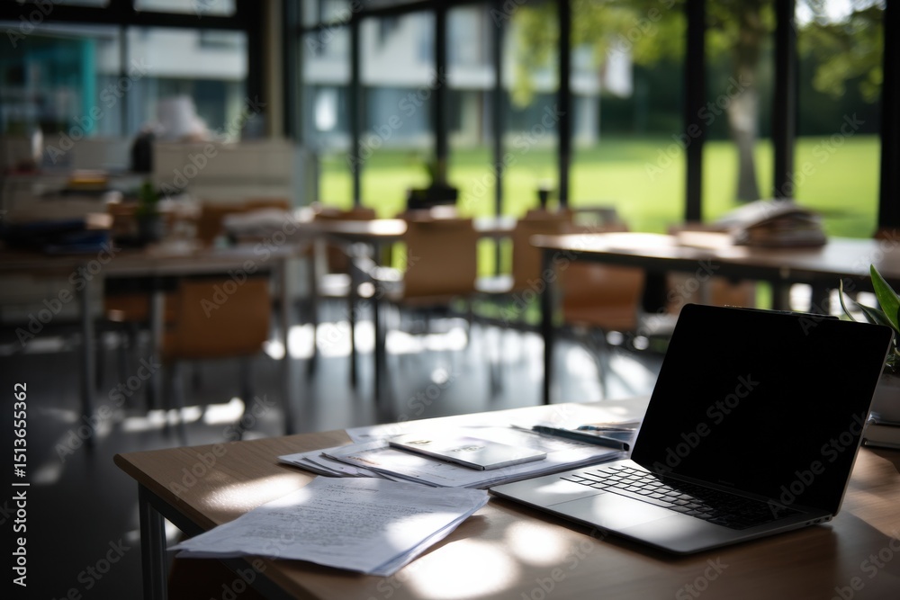Poster laptop on desk in bright modern office space, representing workplace productivity and digital transf