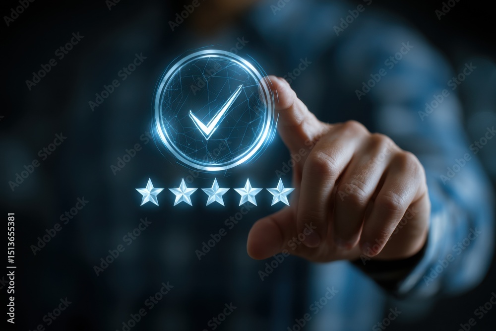 Poster Hand Selecting Check Mark and Five Stars, Representing Customer Satisfaction and Quality Assurance for Business Growth and Performance Review : Generative AI