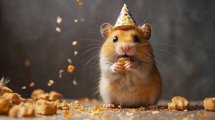 A playful hamster wearing a festive party hat and munching on a treat, depicting joy and liveliness, making for an adorable representation of pet companionship and fun celebrations.