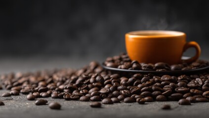 Steaming Cup of Coffee Surrounded by Beans on Dark Surface, Representing Morning Rituals and Coffee Break Relaxation, Perfect for Food and Beverage Marketing : Generative AI