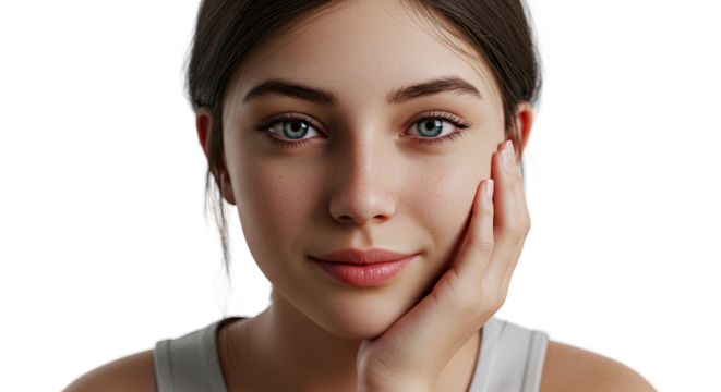 Beautiful young woman with captivating blue eyes gently rests her face on her hand