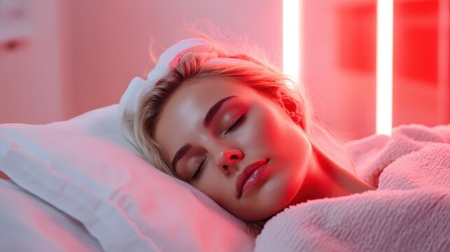 This image depicts a serene young woman peacefully sleeping in soft light, highlighting the tranquil and comforting atmosphere created by the gentle colors and relaxed expression.