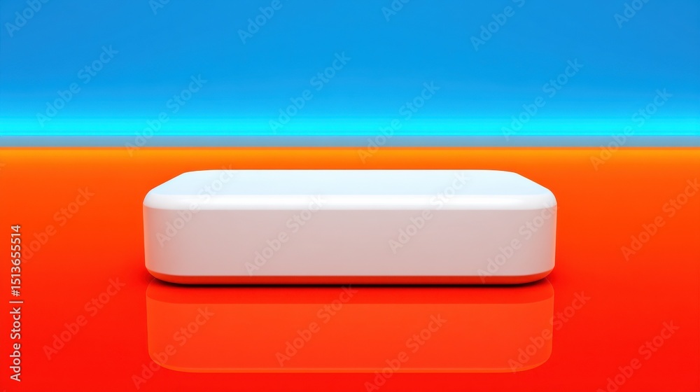 Poster minimalist white block on red surface with blue backdrop, ideal for product presentation and modern 