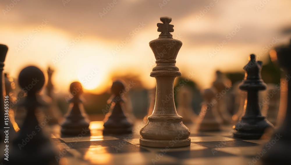 Poster chess game at sunset with king in focus, symbolizing strategy and business competition : generative 