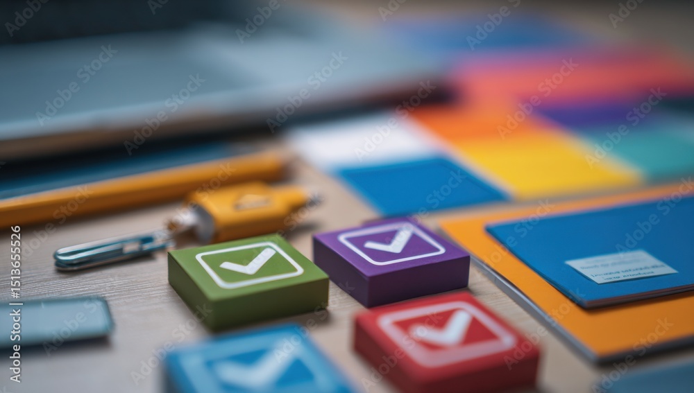 Aufkleber Colorful Checkmark Blocks on Desk, Symbolizing Project Approval and Task Management for Business Productivity and Workflow Efficiency : Generative AI
