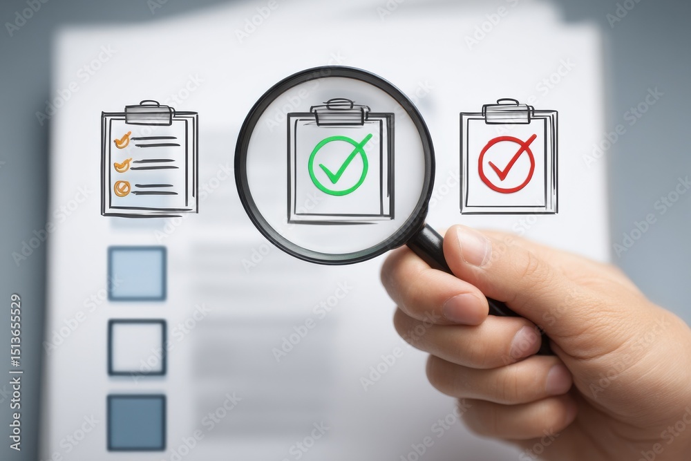 Poster magnifying glass over checkmarks and clipboards, illustrating quality control and compliance audit, 