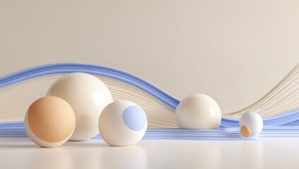 Abstract Spheres and Wavy Lines in Pastel Colors, Illustrating Minimalism and Modern Design Concepts for Creative Projects and Marketing Campaigns : Generative AI