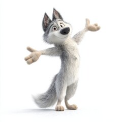 Obraz premium Cartoon Wolf Character with Open Arms on White Background, Symbolizing Acceptance and Playfulness for Children's Entertainment : Generative AI