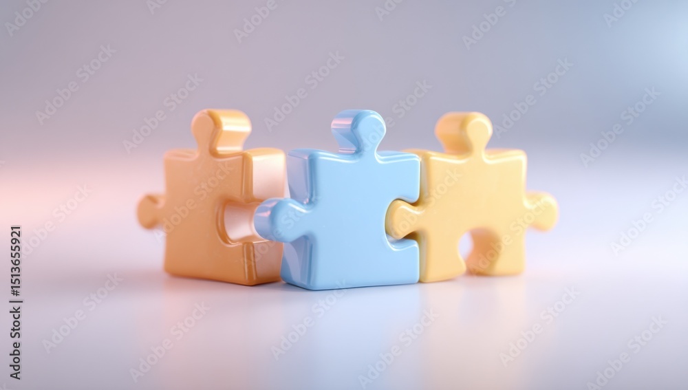 Poster three interlocking puzzle pieces in pastel colors, symbolizing teamwork, connection, and problem sol