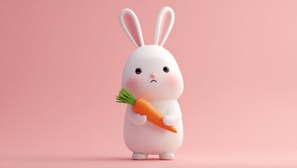 Obraz premium Cute Cartoon Rabbit Holding a Carrot on Pink Background, Symbolizing Healthy Eating and Easter Celebration : Generative AI
