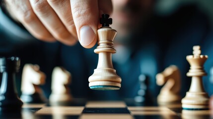 A close-up of a hand moving a chess piece, highlighting the intense focus and strategy involved in a chess match between skilled players on a beautiful chessboard.