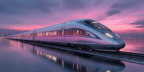 Fototapeta premium Silver maglev train glides at speed, centered on elevated tracks against vast purple/blue dusk sky. Low-angle. Slight motion blur on tracks. Futuristic style.