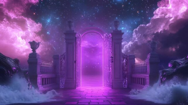 A grand, arched gateway opens to a vibrant, starry, purple expanse beyond.  Mystical clouds swirl around ancient stonework and a misty, violet path leads to the doorway