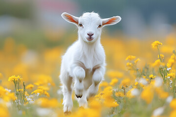 Obraz premium Little funny baby goat jumping in the field with flowers.