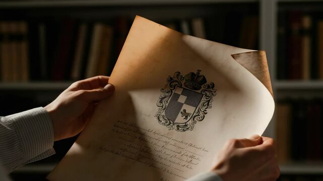 Hands holding old document with crest in library