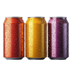 Three colorful soda containers with condensation droplets present on transparent background
