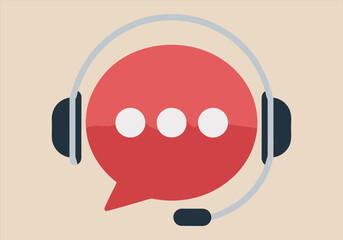 Vector illustration of red speech bubble with headset and microphone - speech bubble, headset, microphone, vector, chat, support, communication, customer service, icon, talk.
