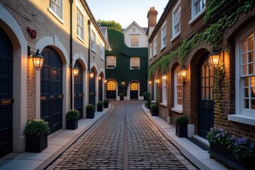 Quaint Cobblestone Street Between Houses with Evening Lights On  

