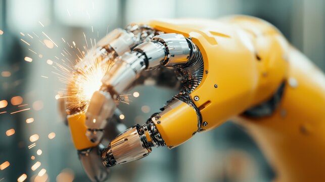 An advanced robotic hand showcases modern technology with intricate metallic details and vibrant sparks, representing futuristic innovation and the power of robotics.