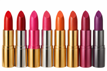 A row of ten lipsticks in various shades of red, pink, orange, and purple, arranged against a black background