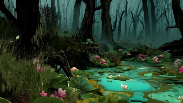 Mysterious swamp scene with water lilies, dark trees, and murky water in a fantasy setting at twilight