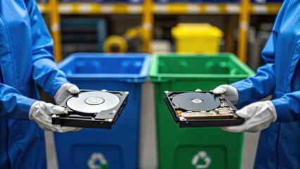 Two technicians holding hard drives in front of recycling bins, highlighting electronic waste management and recycling practices.