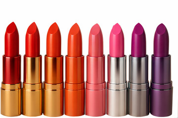 A row of eight lipsticks in varying shades of red, pink, and purple, showcasing a gradient of colors from bold to subtle.