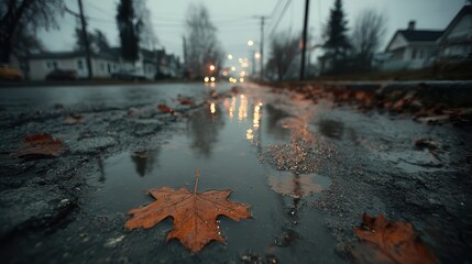 Fallen leaf on rainy urban street with puddle reflections and soft bokeh