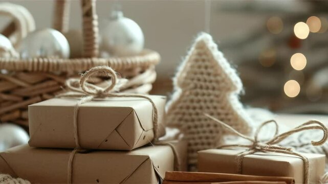Festive Holiday Still Life: Wrapped Gifts, Ornaments, and Warm Ambiance