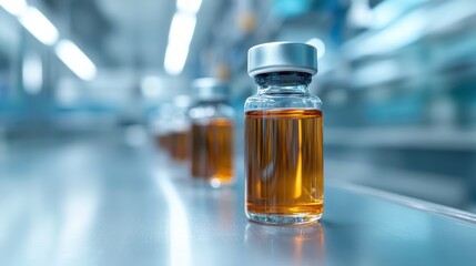 Glass vials filled with amber liquid line a laboratory surface, illustrating themes of science, precision, and experimentation in a sleek, modern setting that evokes curiosity and innovation.