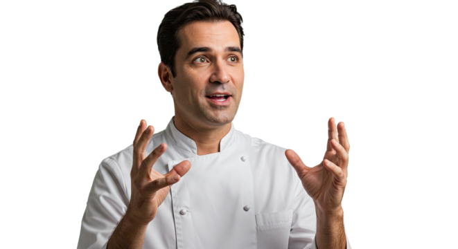 Chef in white uniform gesturing with hands, looking upwards with an open mouth.