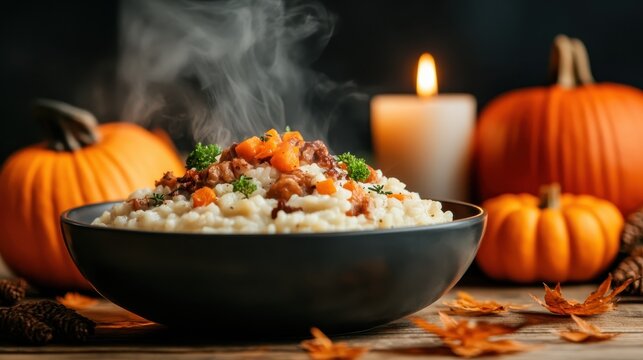 A cozy bowl of steaming pumpkin dish accompanied by seasonal decorations, embodying the essence of autumn and the comforting flavors that define this festive time of year.