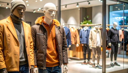 Boutique window display stylish mannequins exhibit fall clothing