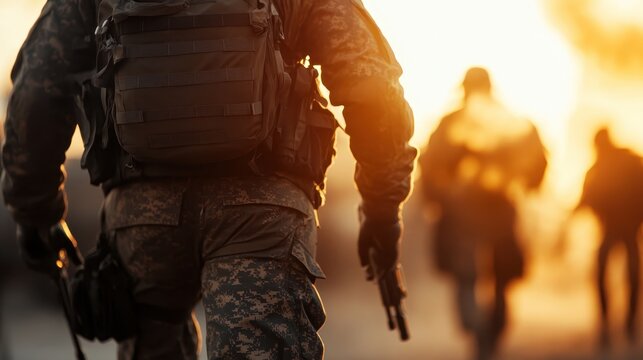 A group of soldiers in military gear marching confidently towards the horizon at sunset, symbolizing strength, duty, and camaraderie in a moment of determination.