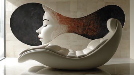 Fototapeta premium Lounge chair with oversized cushion against a plain, warm-toned wall.