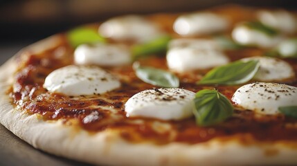 A beautifully crafted pizza topped with fresh basil, melted cheese, and a rich tomato sauce, showcasing culinary artistry and delicious flavors for food lovers.