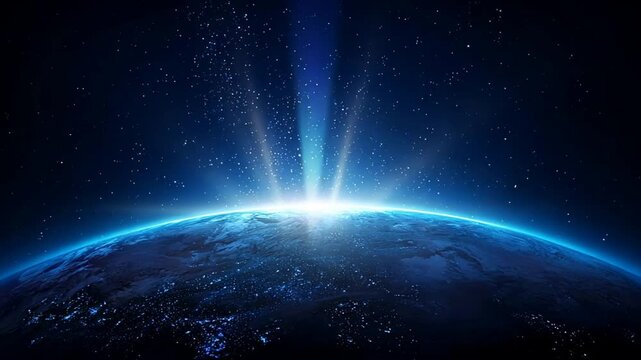 Blue Earth glowing in space with light beams shining across a gradient background, showing space rays and blue spiral effects around the planet