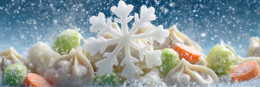 Poster frozen dumplings with vegetables and stylized snowflake in a bright winter setting